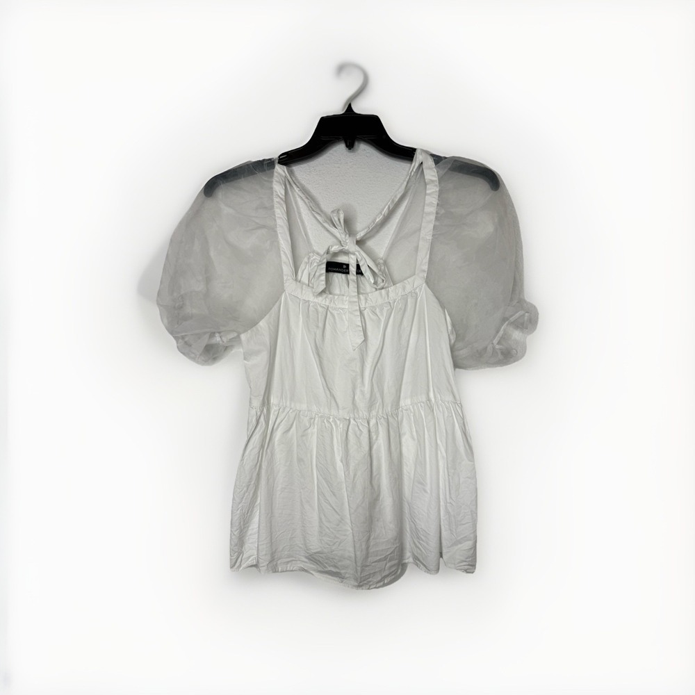 Pomander‎ Place Tuckernuck Women's White Tinsley Top Blouse Sheer Puff Sleeve M
